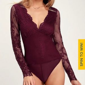 Lulu Burgundy Maroon Lace Bodysuit Small
